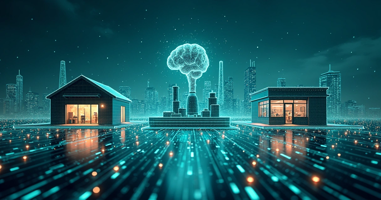 Elementos de tecnologia, dados e IA conectando diferentes tipos de negócios 