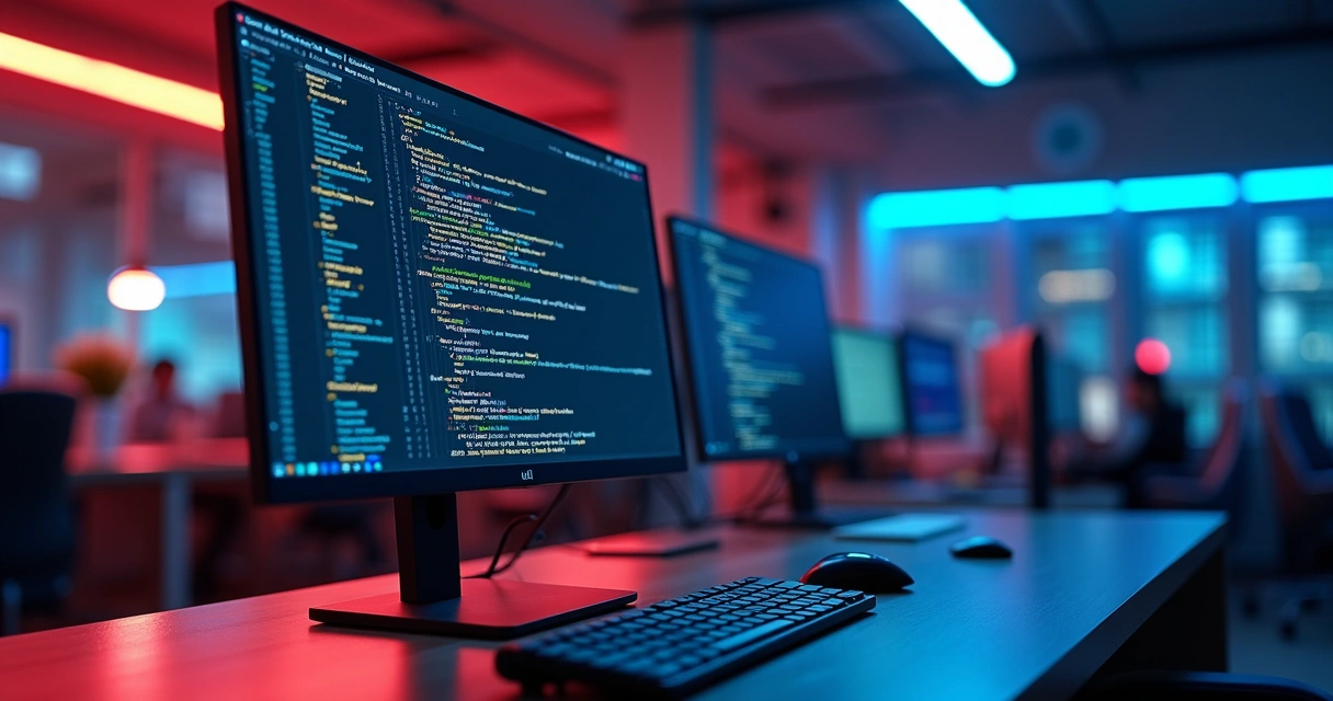 Computador moderno com tela exibindo código e gráficos de velocidade de compilação, cenário de escritório tecnológico ao fundo 
