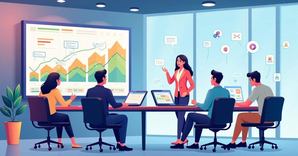 Profissionais discutindo tecnologia de vendas em sala moderna, com gráficos e plataformas de e-commerce visíveis.