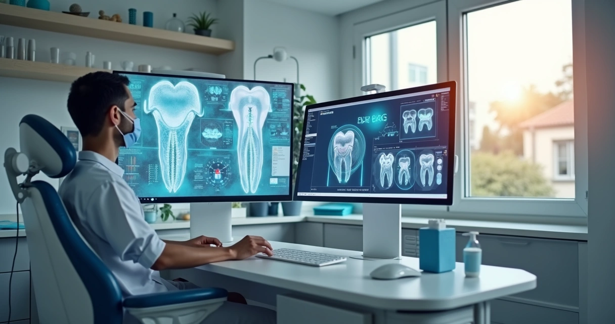Profissional de odontologia analisando dados digitais de pacientes em consultório moderno 