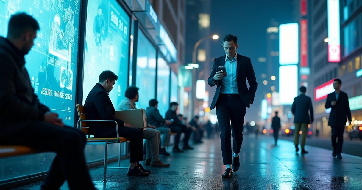 Executivo caminhando em cidade tecnológica sem notar pessoas cansadas ao redor 