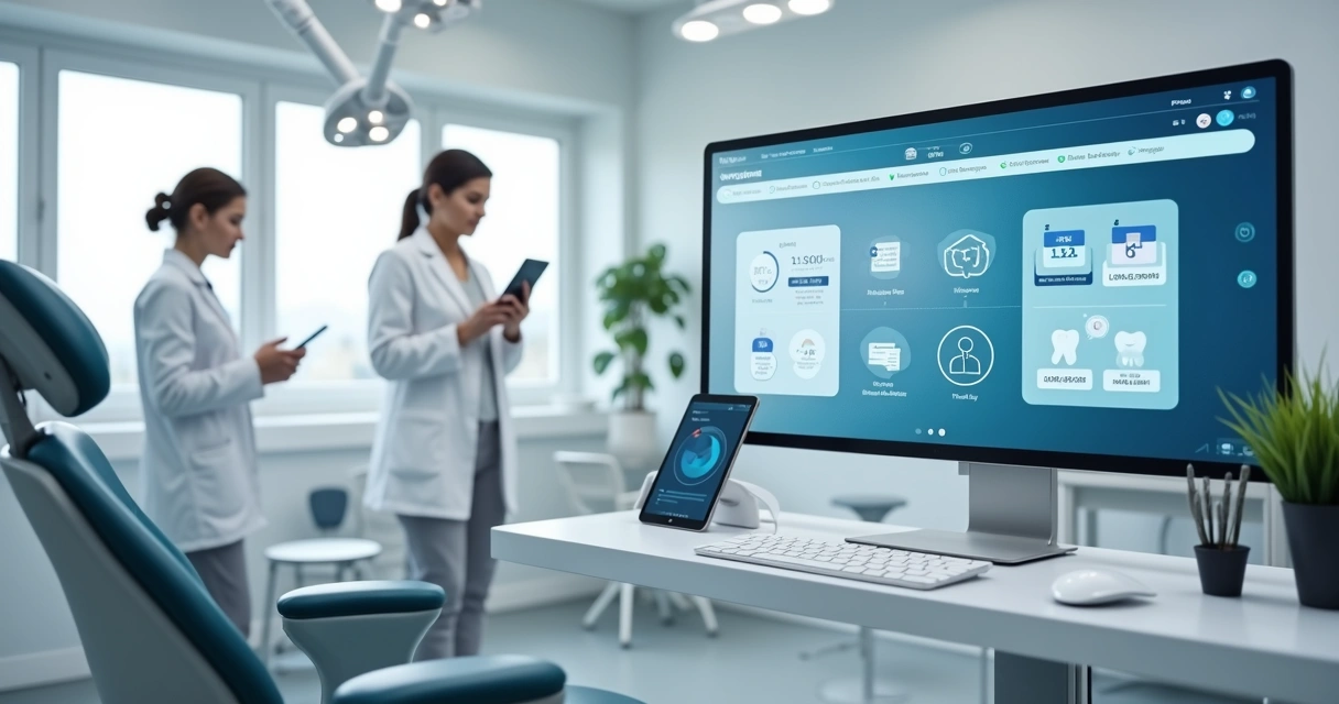 Sala de clínica odontológica moderna com computador exibindo software de gestão digital na tela, ambiente iluminado e equipe ao fundo usando tablets 