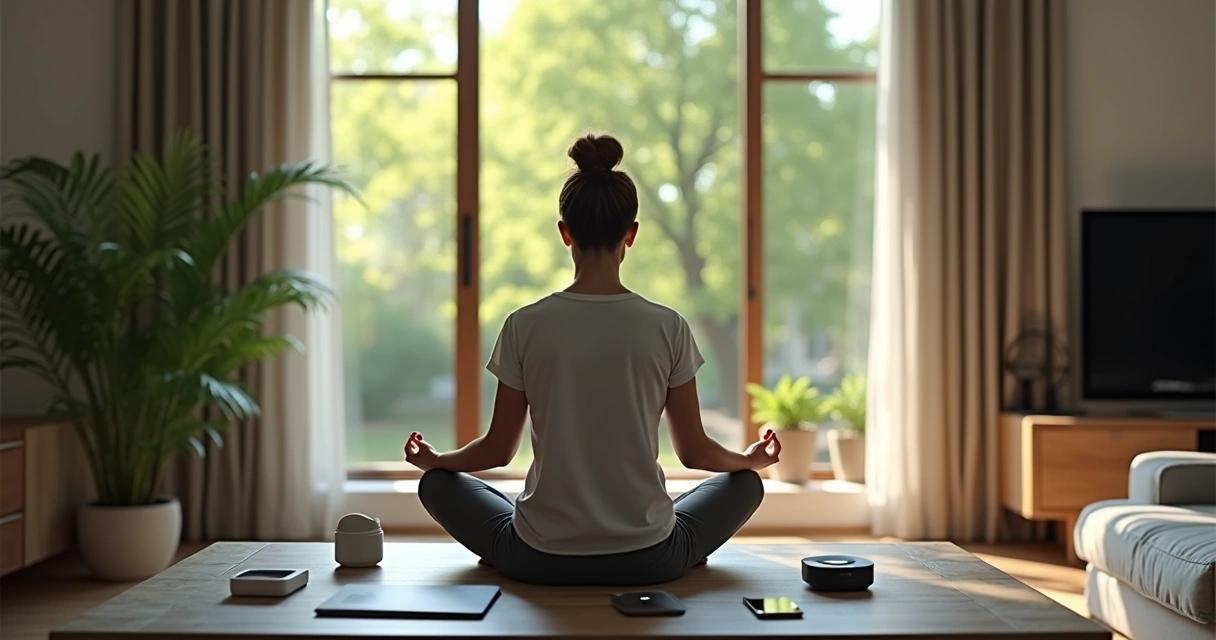 Persona meditando rodeada de gadgets tecnológicos y naturaleza equilibrada