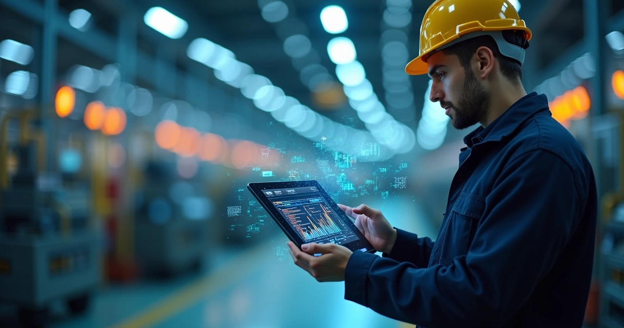 Operador usando tablet com gráficos digitais em fábrica 