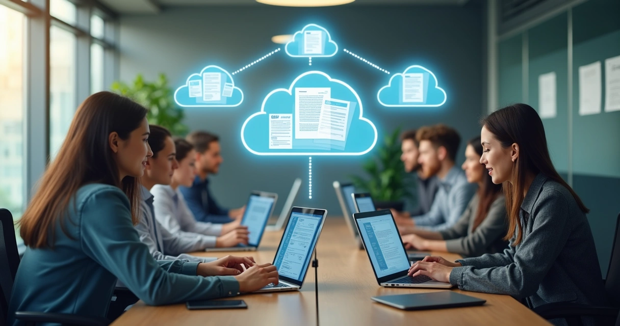 Equipe organizando contratos digitais em computadores e nuvem 