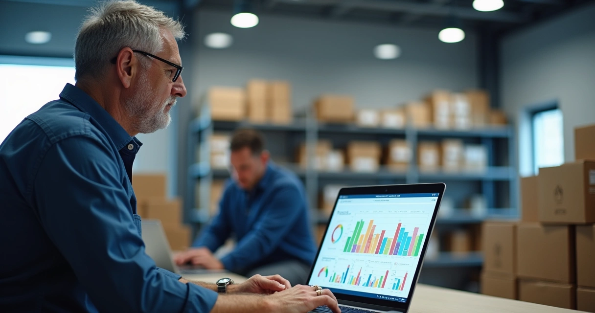 Gestor analisando dashboards de delivery em notebook 