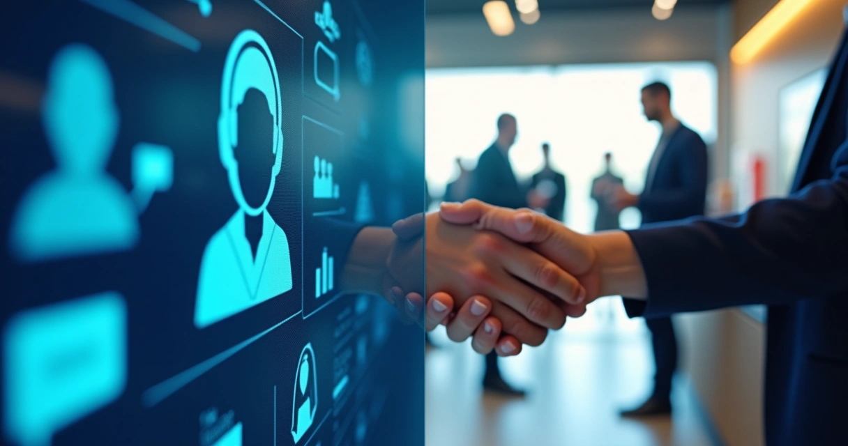 Tela digital mostrando opções de atendimento com rosto de avatar digital e mão humana apertando outra mão 