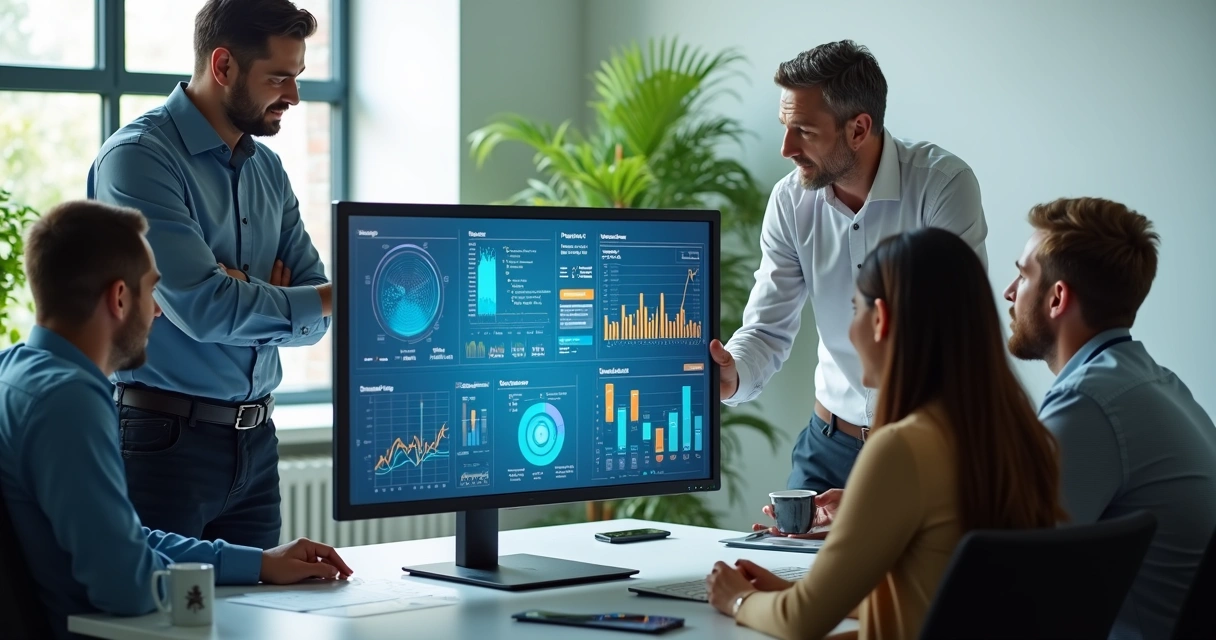 Equipe multidisciplinar reunida ao redor de um computador analisando gráficos digitais 