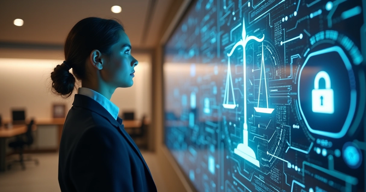 Pessoa diante de tela digital com símbolos de ética e tecnologia