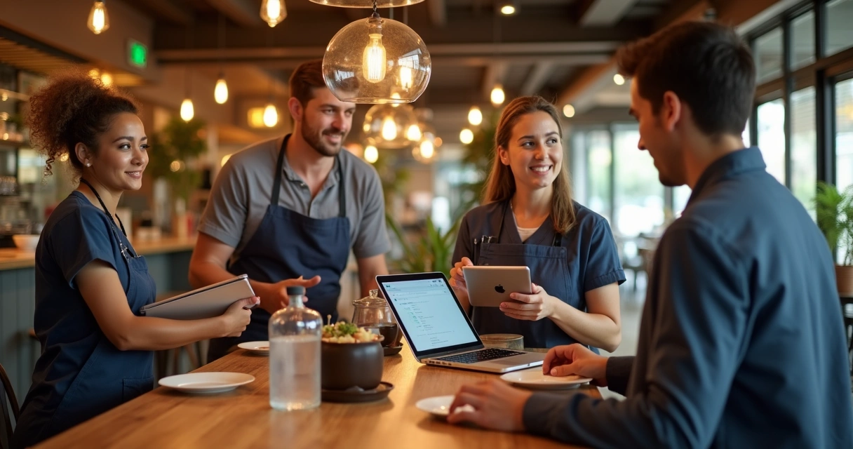 Garçom usando tablet em restaurante moderno e acolhedor 