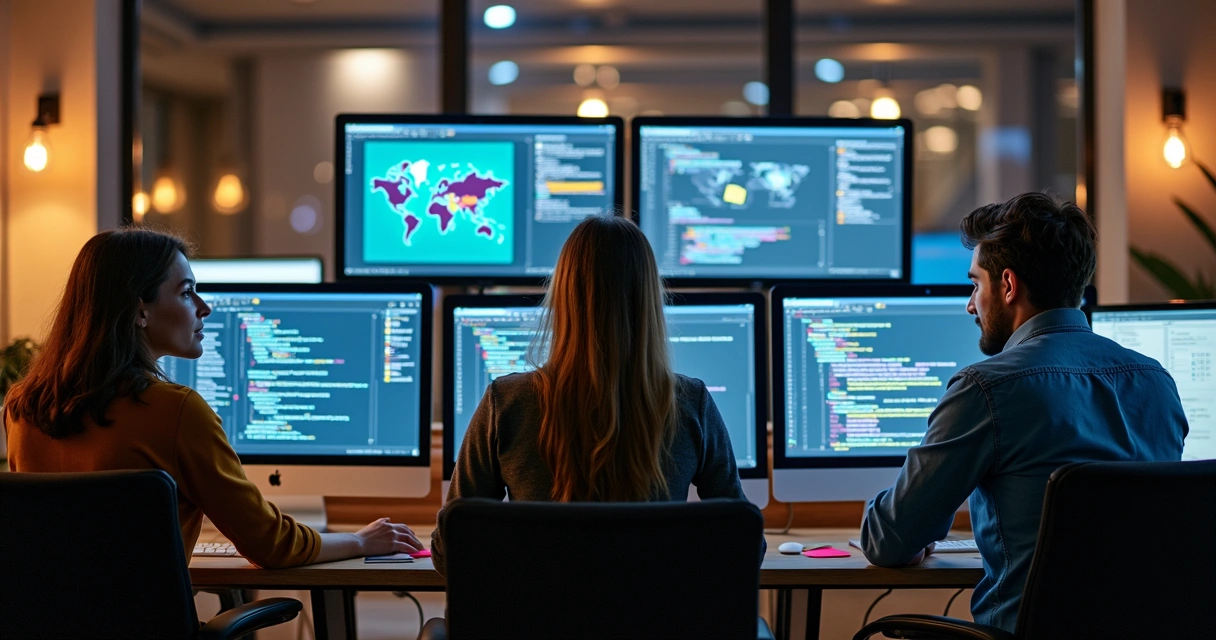 Equipe de suporte trabalhando junto a telas de sistemas digitais 