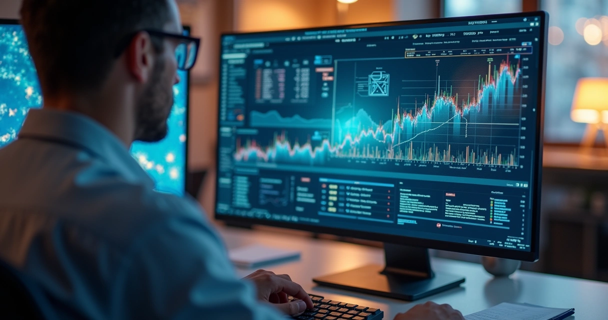 Profissional analisando gráficos financeiros em tela de computador com símbolos tributários ao fundo 