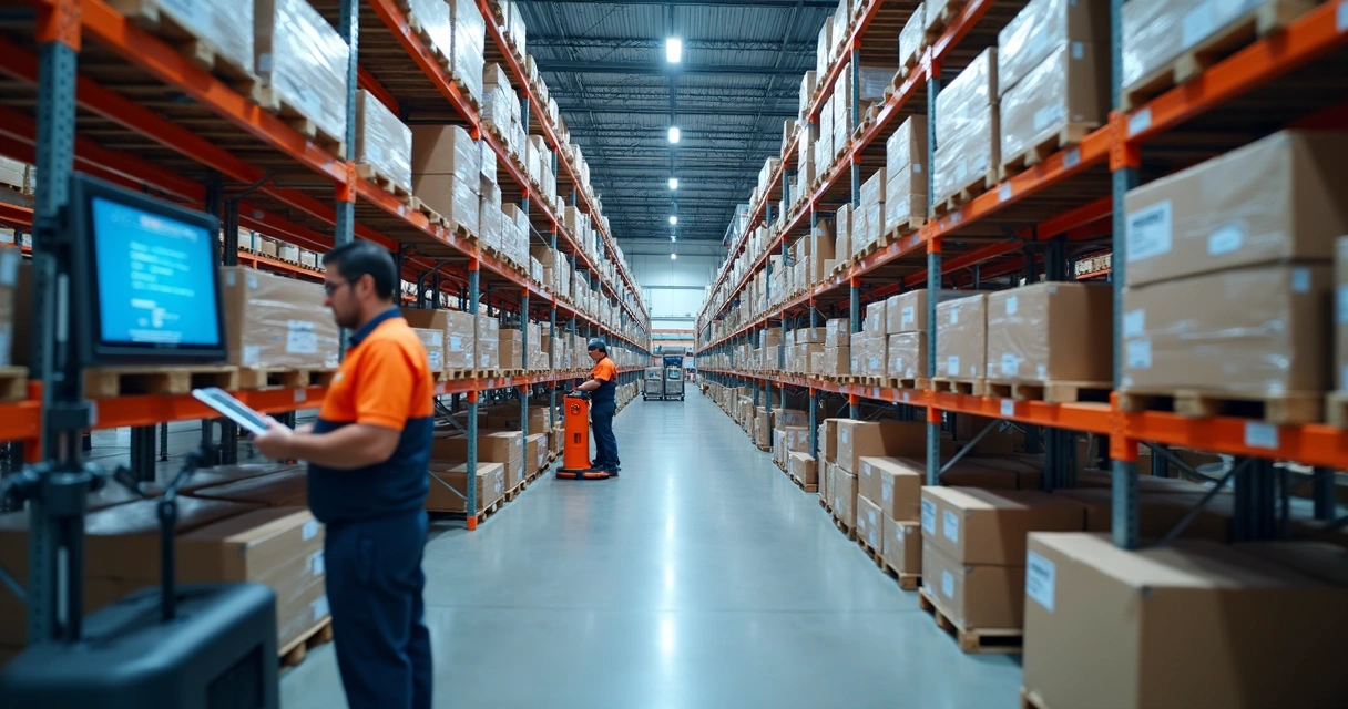 Vista interna de centro logístico automatizado com sistemas digitais e prateleiras altas 