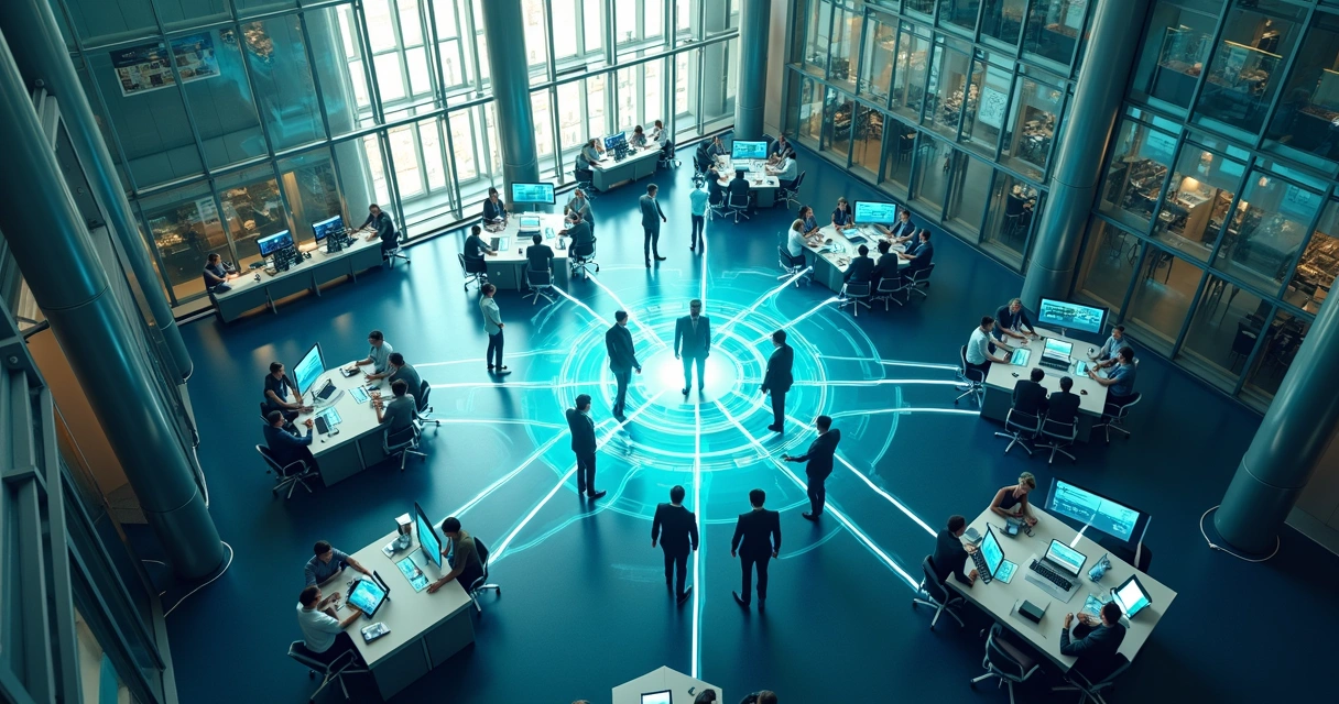 Representação visual de tecnologia conectando diferentes setores empresariais em plataforma de educação 