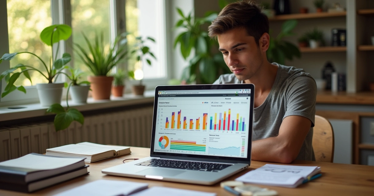 Jovem estudando finanças com notebook e gráficos na tela 