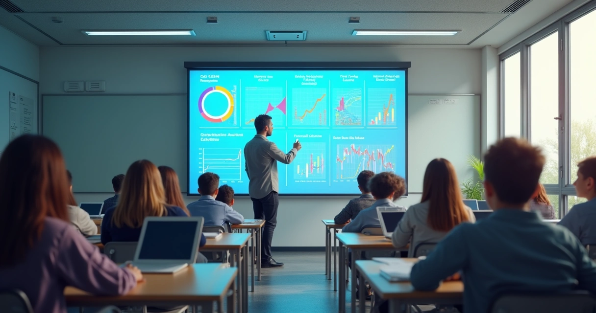 Painel digital em escola mostrando dados e gráficos de desempenho dos alunos 