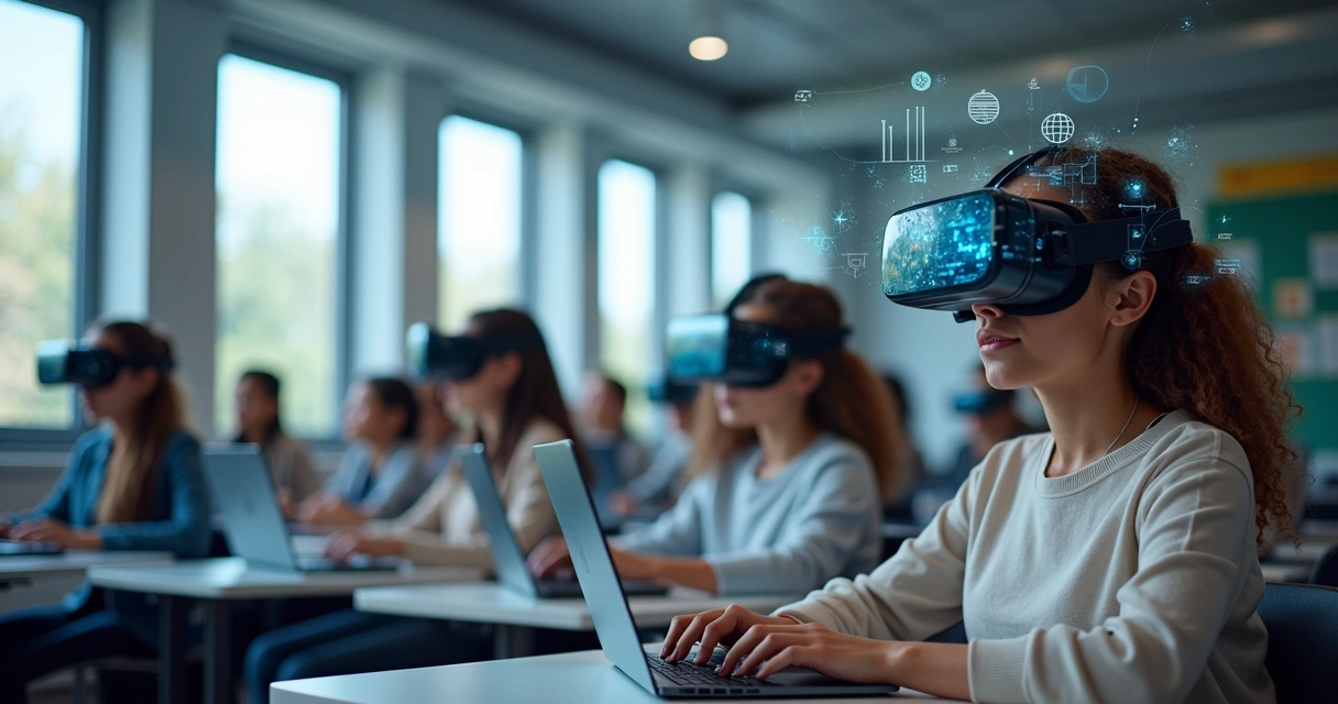 Ambiente moderno de ensino com estudantes usando laptops e óculos de realidade virtual em sala iluminada 