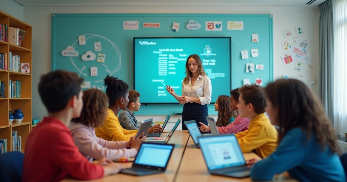 Docente guiando a un grupo de estudiantes usando tabletas en un aula moderna y colaborativa. 