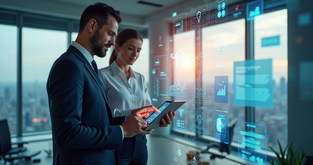 Consultor de seguros e empresário analisando dados em um tablet 