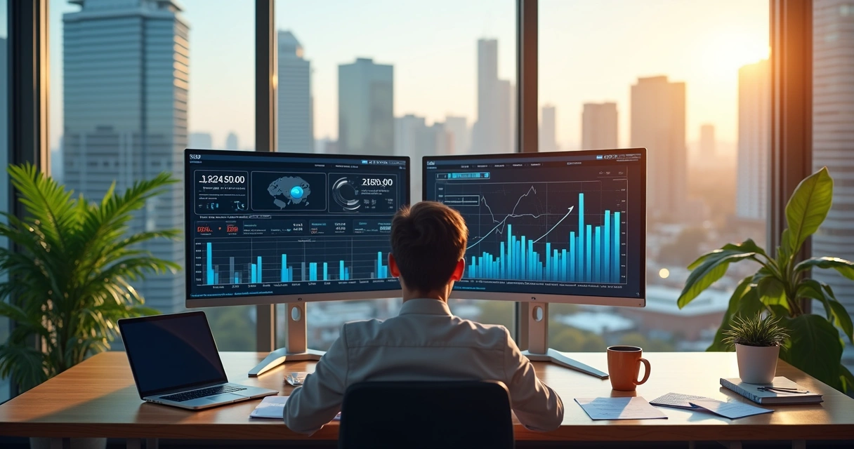 Profissional de tecnologia analisando gráficos em tela num escritório moderno