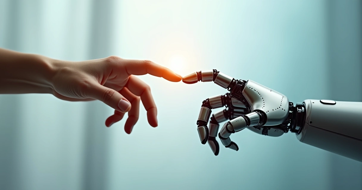 Duas mãos, uma humana e uma robótica, se tocando delicadamente 