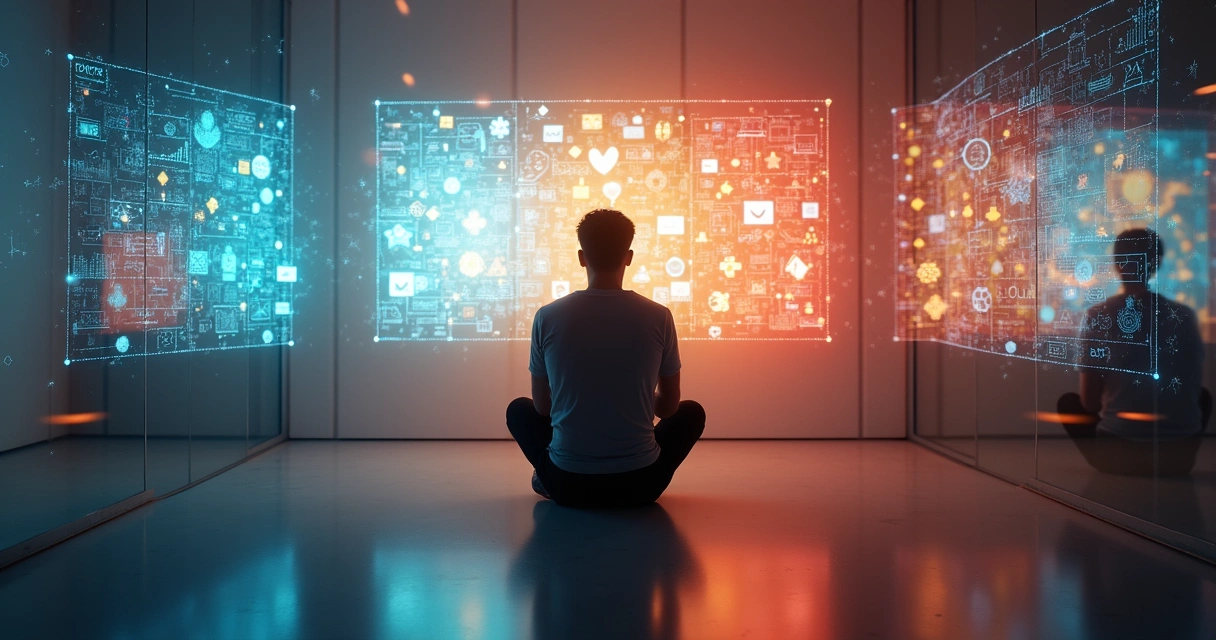 Pessoa refletindo diante de telas digitais e luz suave 