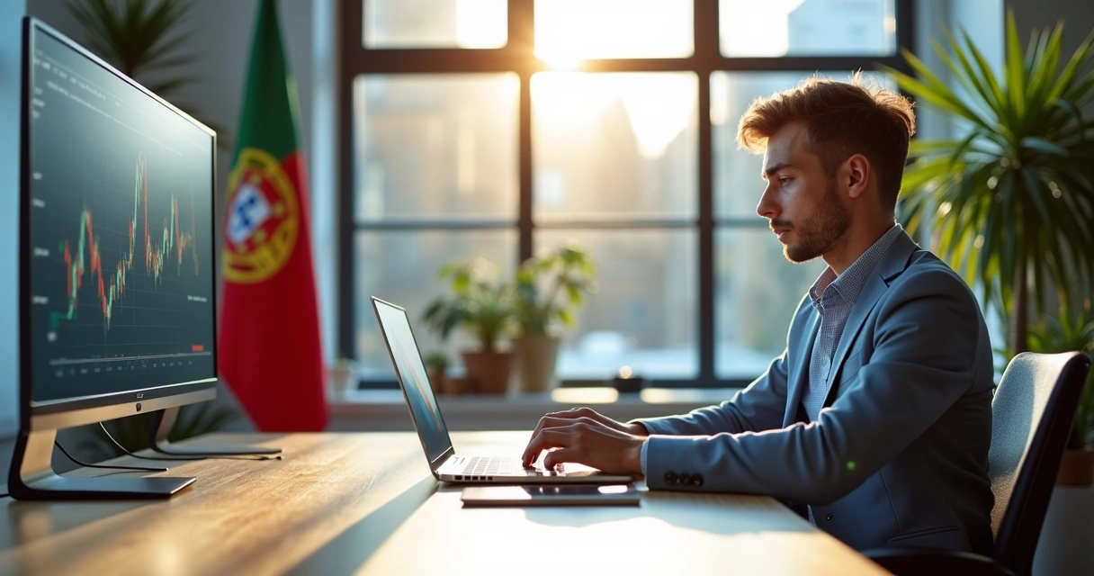 Pessoa usando notebook em ambiente de trabalho moderno em Portugal 