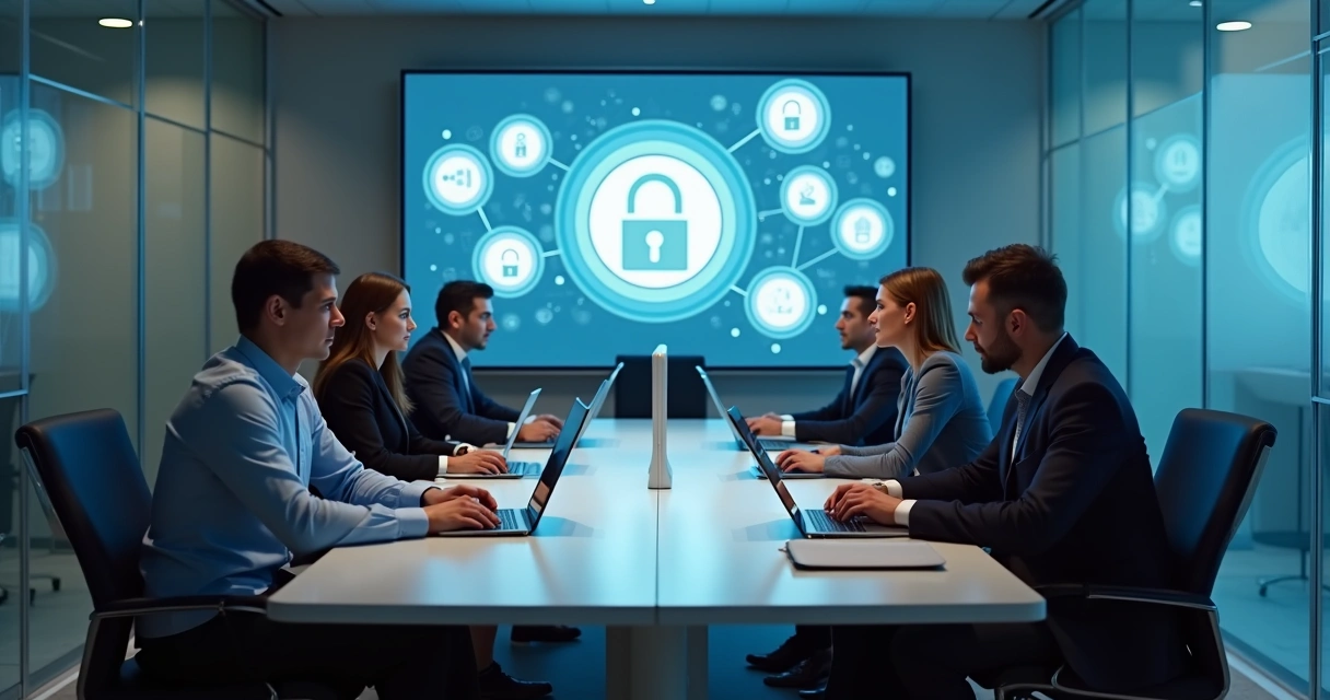 Sala de reunião de empresa com equipe focada e laptops sobre a mesa. 