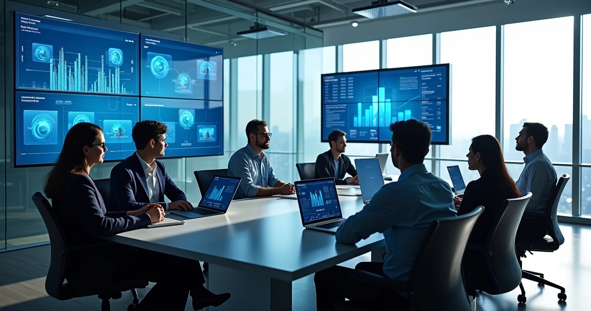 Equipe de tecnologia reunida em sala moderna, analisando gráficos em monitores 