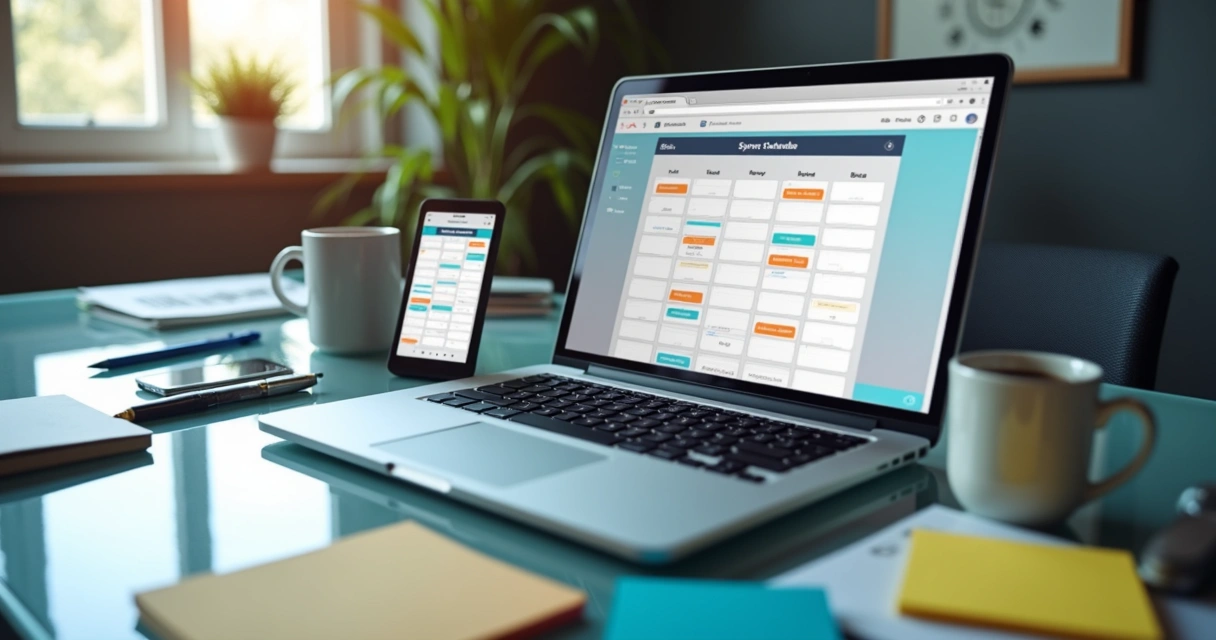 Computador com tela mostrando calendário digital ao lado de smartphone com aplicativos de agenda 