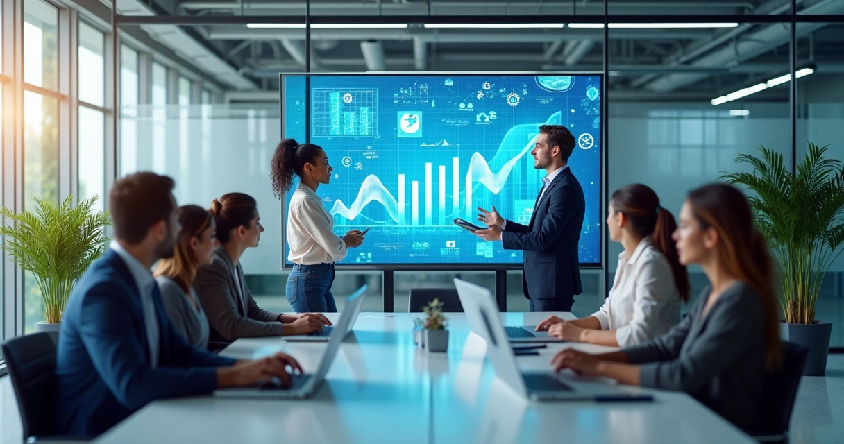 Ambiente corporativo com equipe analisando gráficos digitais em tela grande