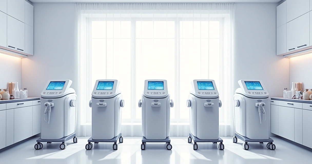 Aparelhos estéticos modernos em sala branca, prontos para procedimentos