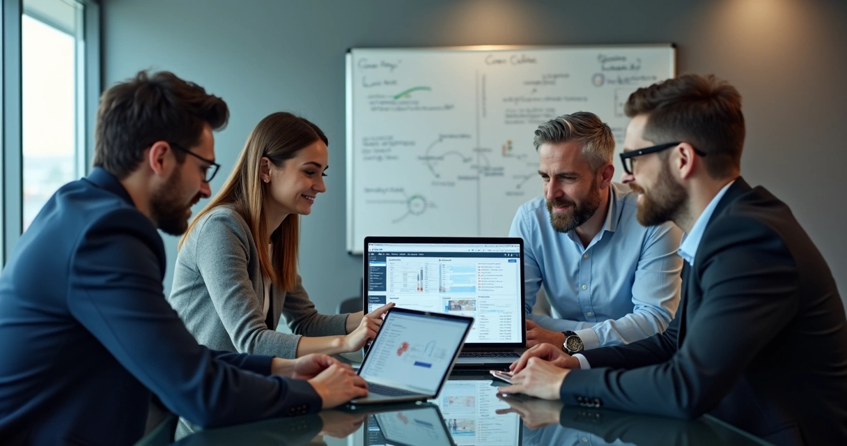 Equipe de BPO usando tablets e computadores em reunião 