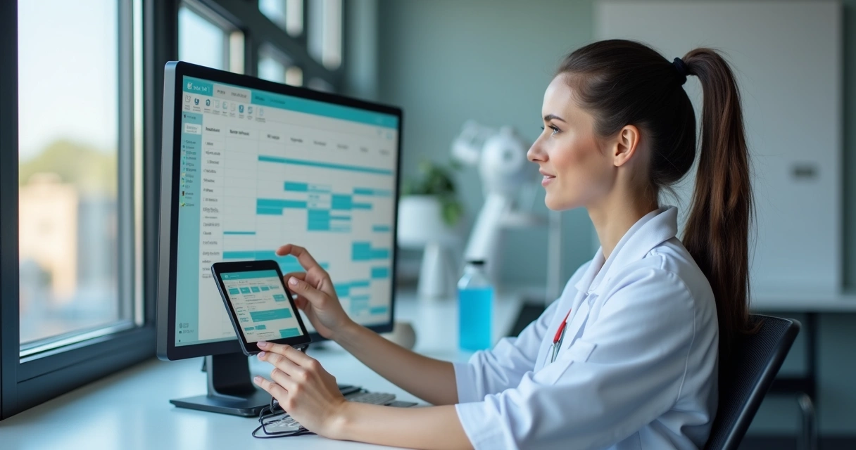 Profissional treinando em sistema digital em consultório 