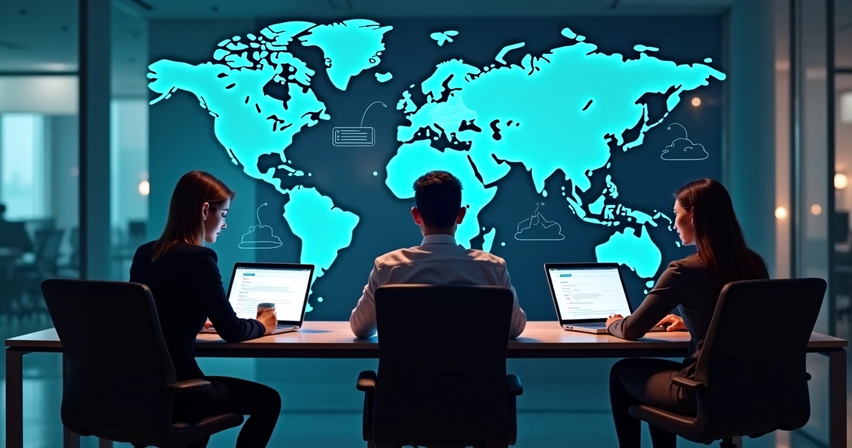 Equipe de negócios conectada em diferentes países com telas de computadores e mapas mundiais 