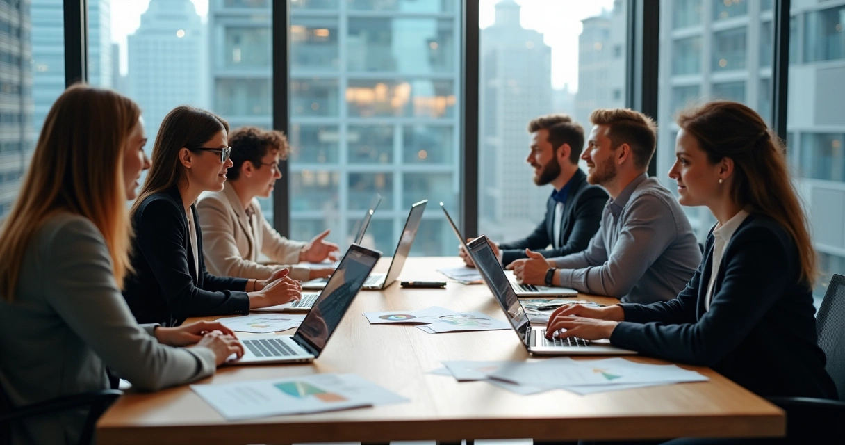 Equipe de corretores discutindo com computadores abertos na mesa