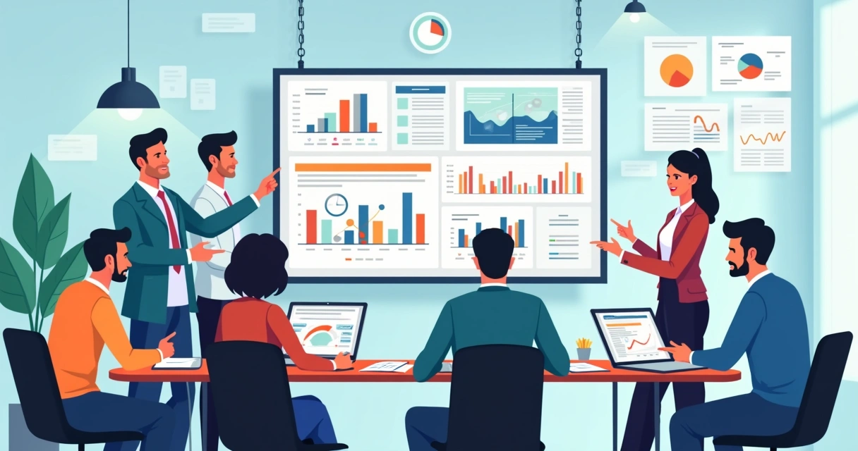 Equipe mista reunida em torno de uma tela mostrando gráficos de projeto