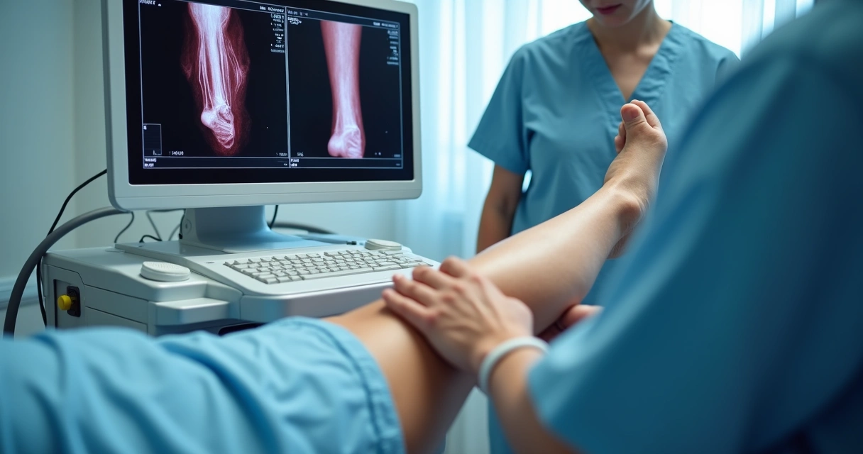 Equipamento de ultrassom vascular e monitor mostrando veias da perna de paciente durante procedimento