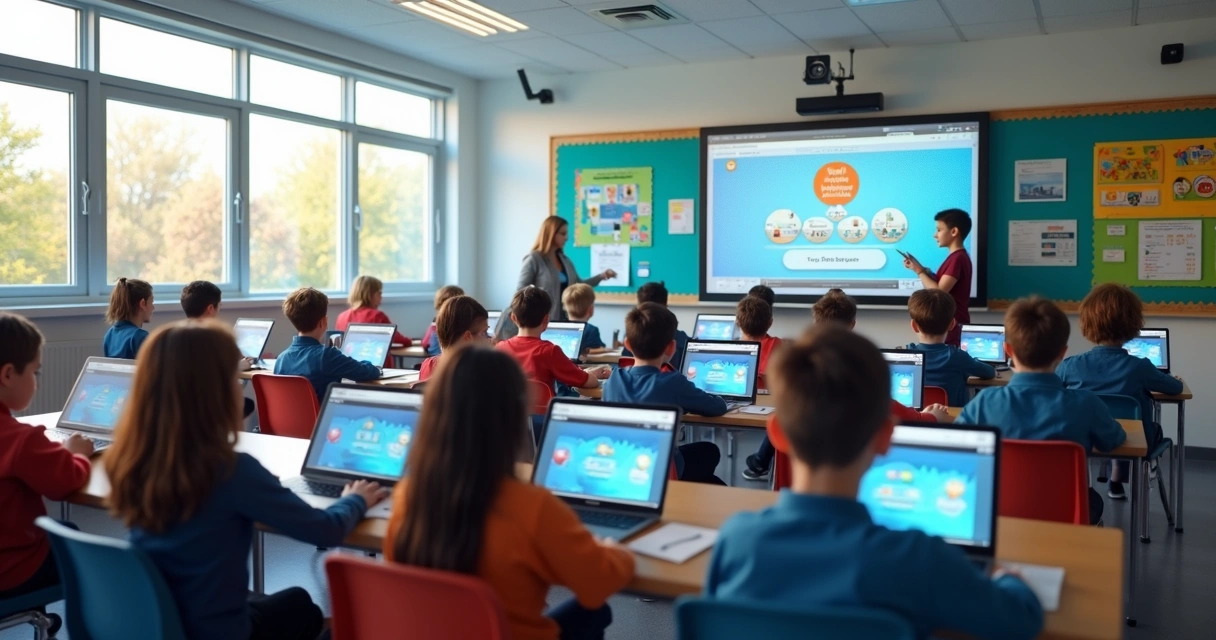 Sala de aula moderna com alunos usando tablets e laptops conectados a plataforma ead 