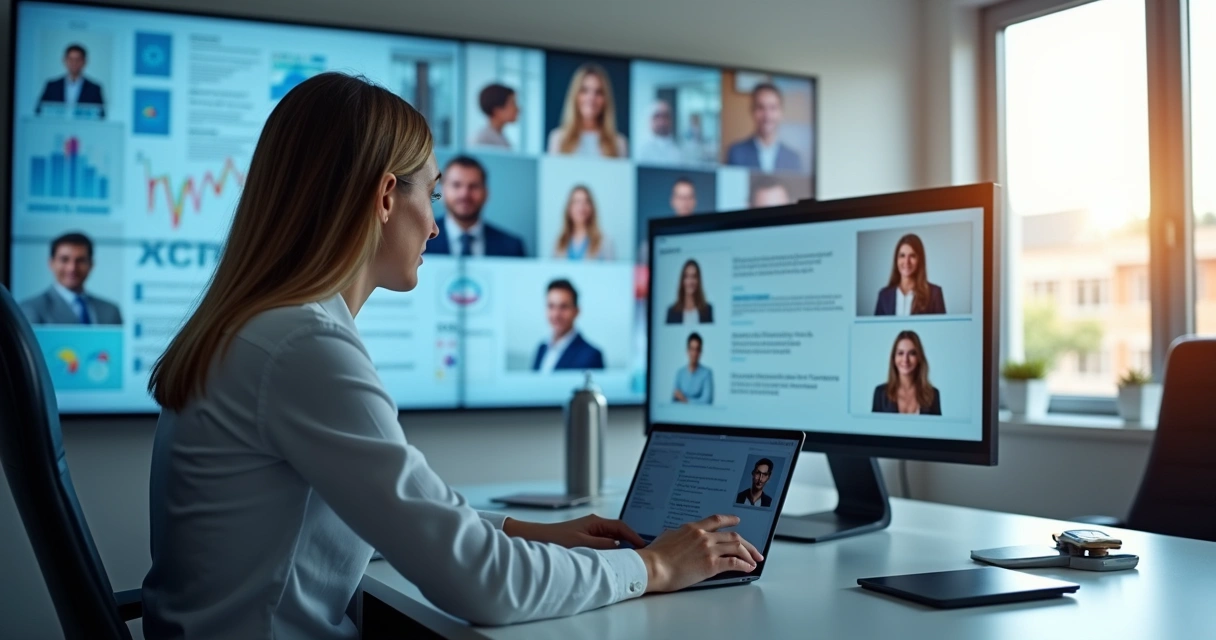 Tecnologia em escritório de advocacia com telas e papéis digitais 