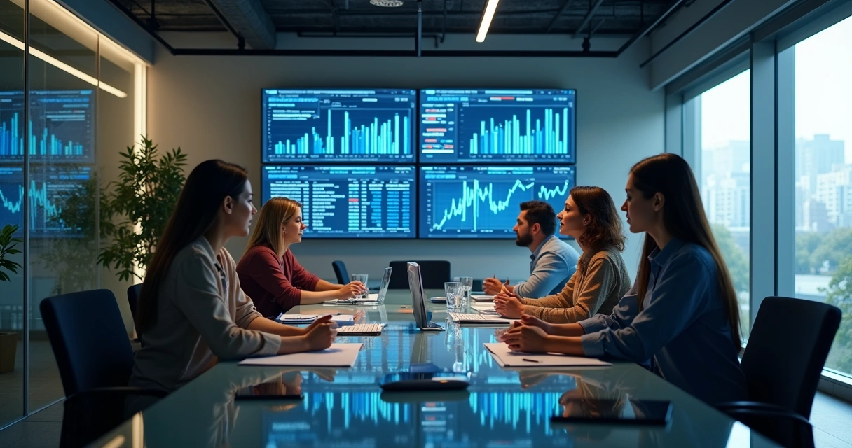 Tecnologia moderna em escritório contábil com telas, gráficos e equipe reunida 