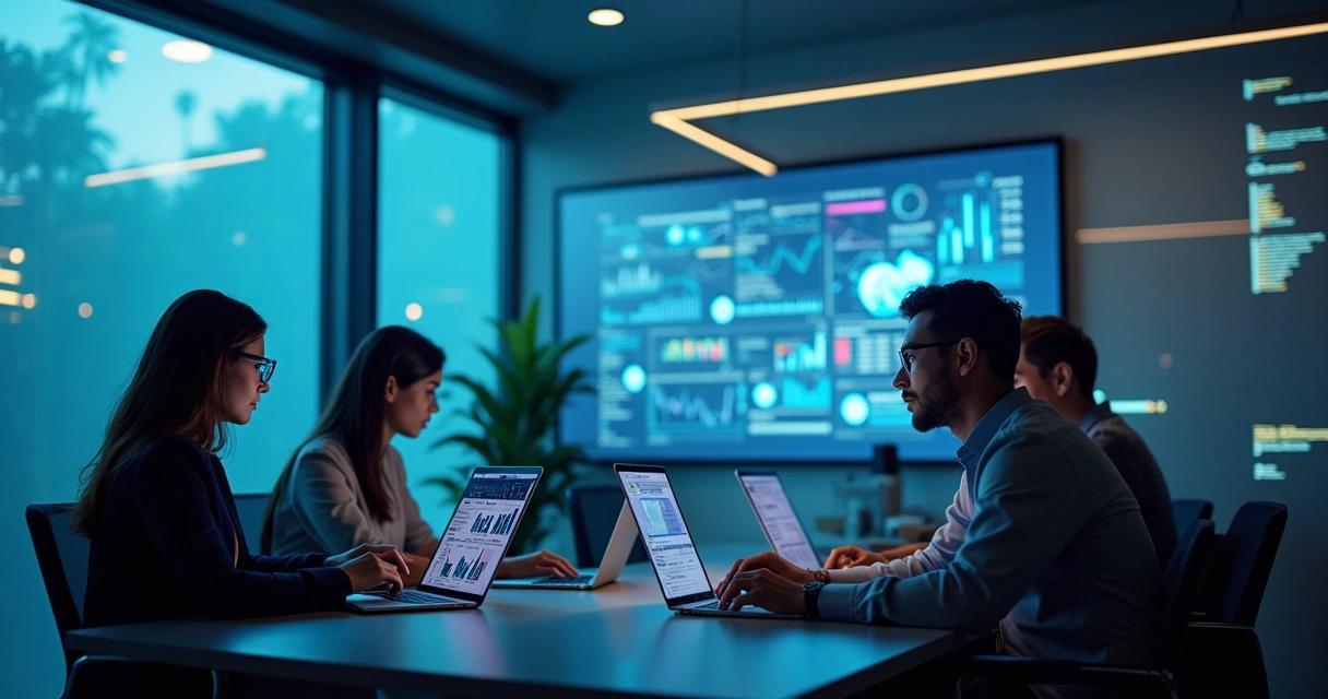 Sala de escritório moderna com computadores e gráficos digitais ao fundo 
