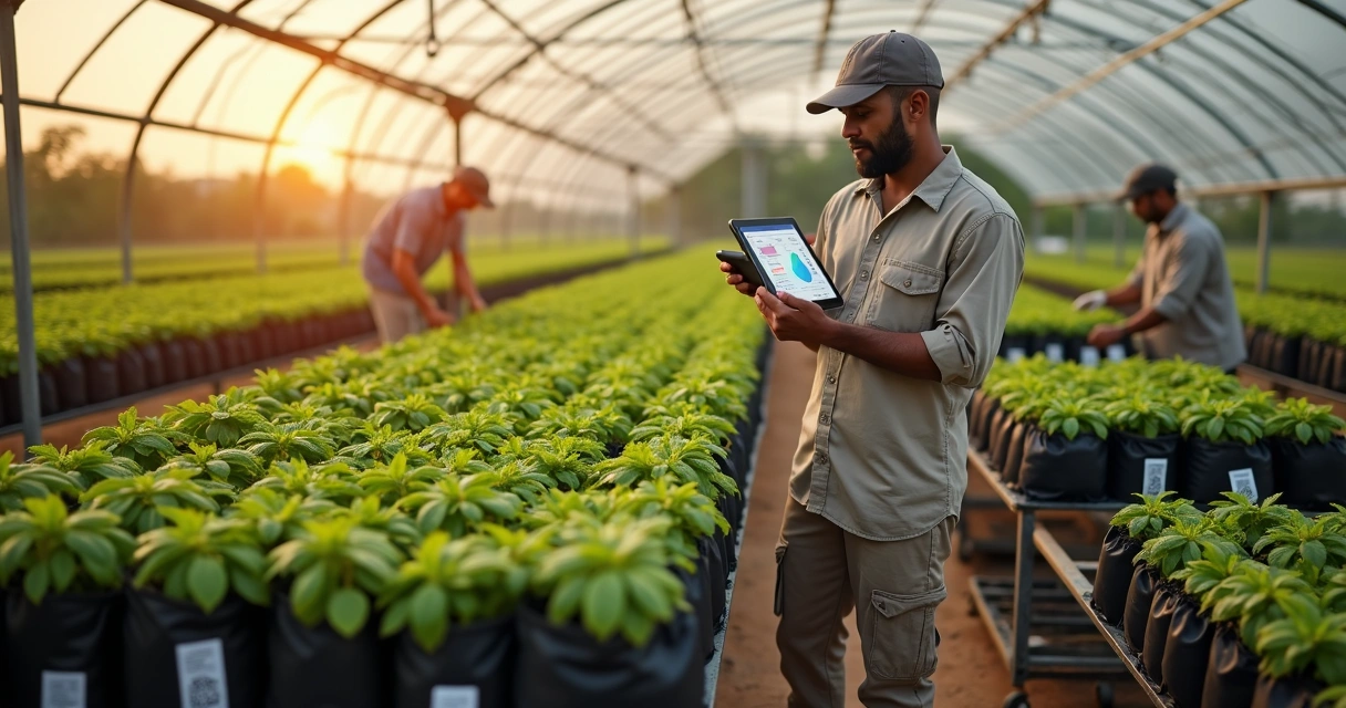 Gestor usando tablet para controlar estoque de mudas em viveiro moderno 