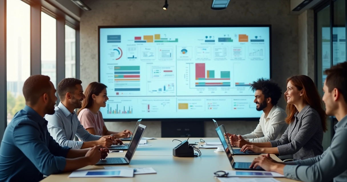 Equipe de tecnologia reunida discutindo projetos na mesa 