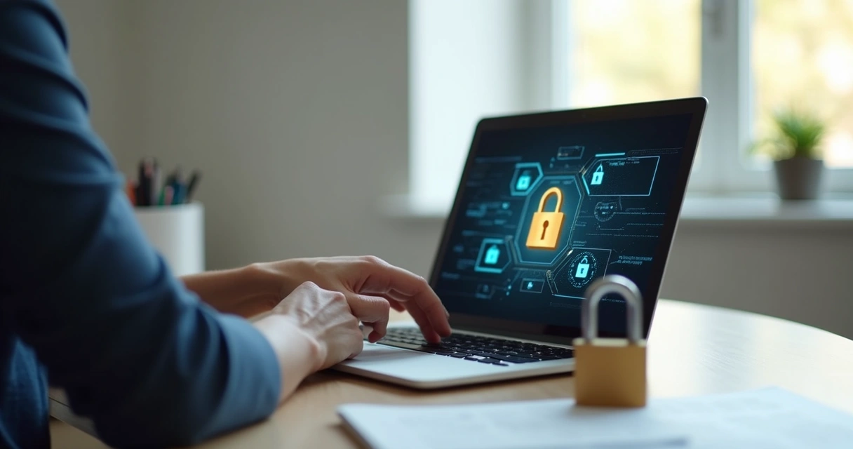 Psicólogo usando notebook com cadeado de segurança ao lado e documentos digitais seguros 