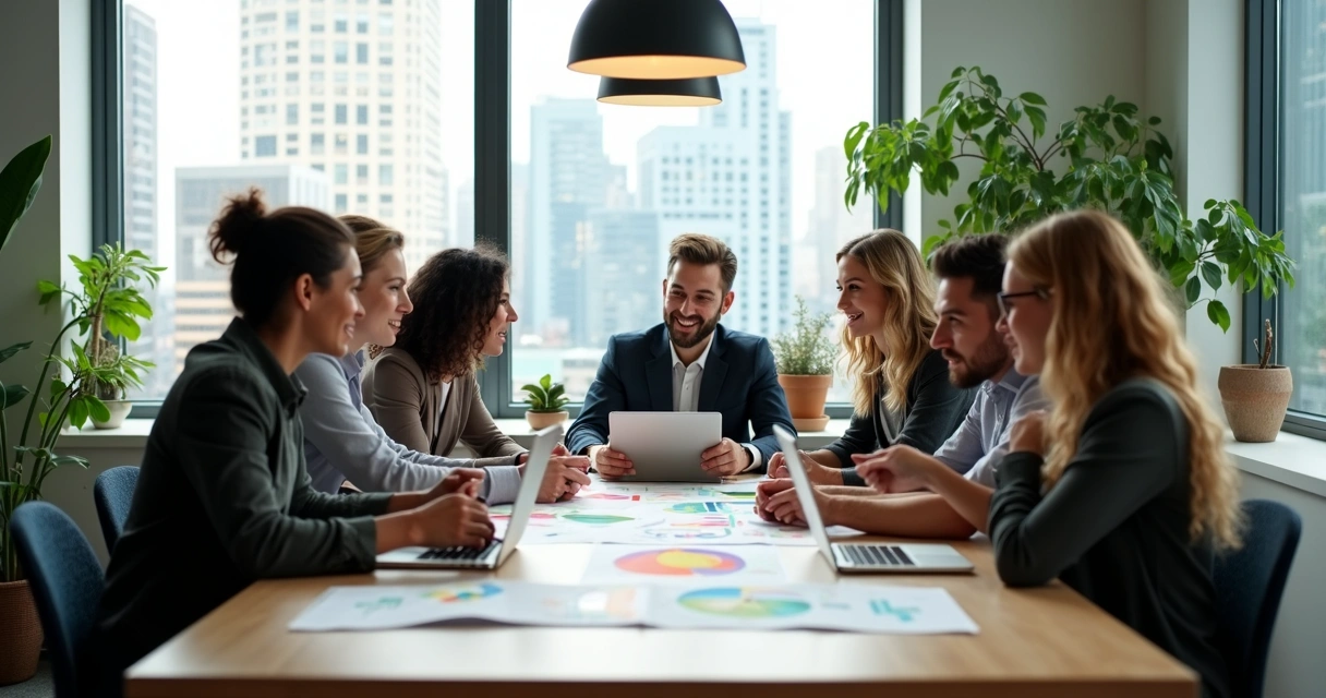 Equipo de innovación discutiendo alrededor de una mesa con tablets y gráficos