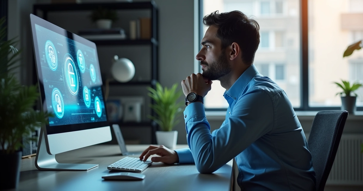 Profissional usando computador em escritório enquanto reflete sobre dilemas éticos 