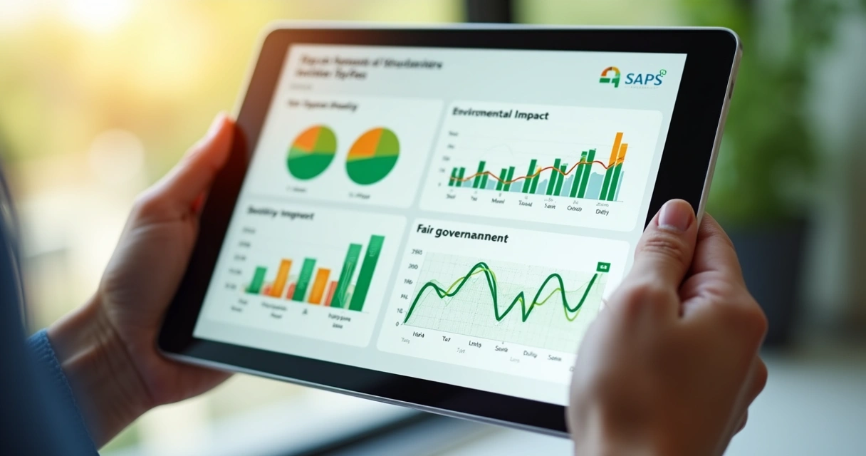 Tablet mostrando datos éticos sostenibles en manos de una persona 