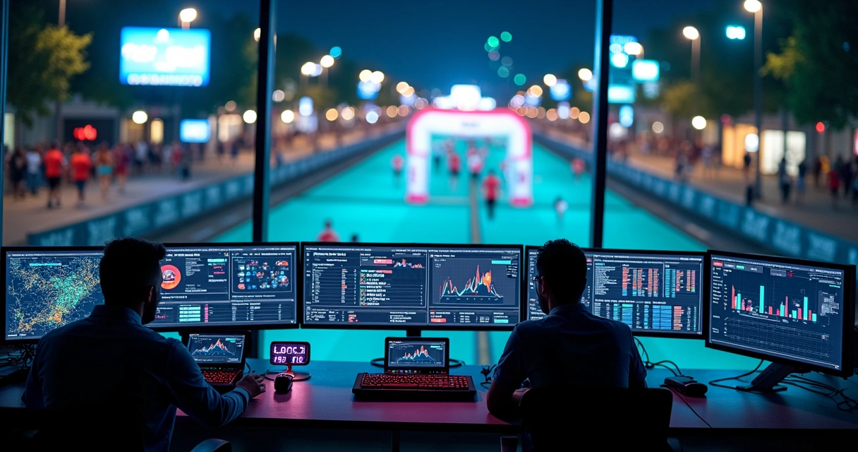 Painel de controle digital com dados de evento esportivo e pista de corrida ao fundo 