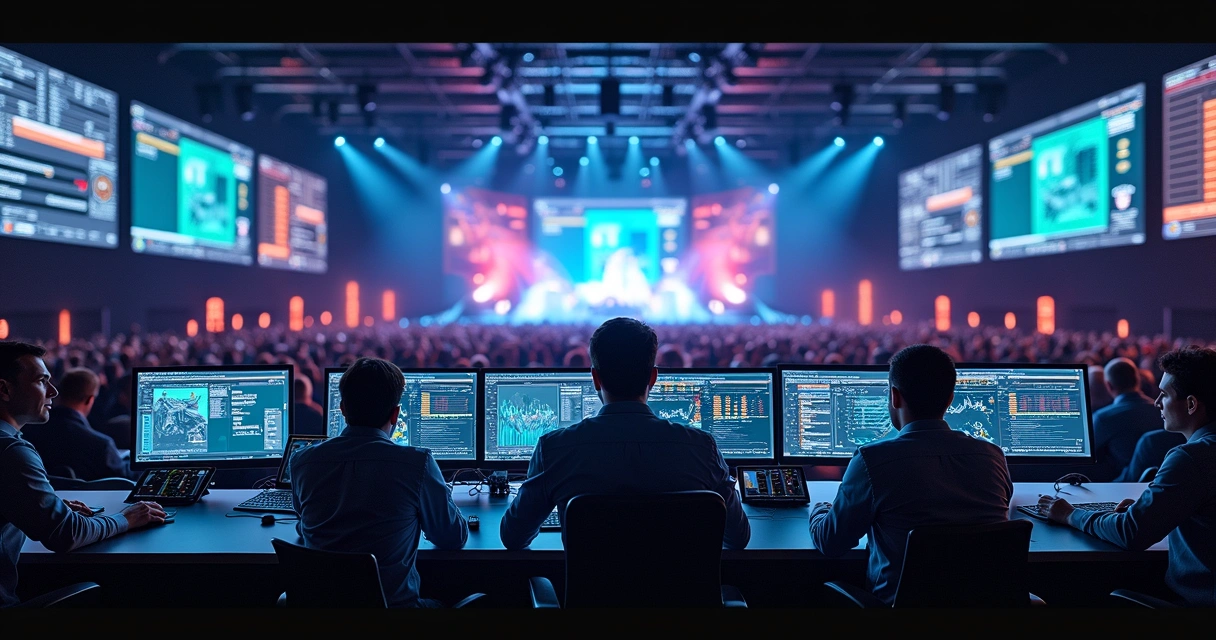 Painel de controle com múltiplas telas mostrando gráficos e status em tempo real durante evento 
